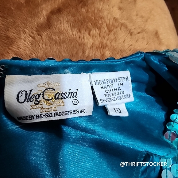 Vintage 80s Oleg Cassini Sequin Teal Dress - Picture 8 of 8